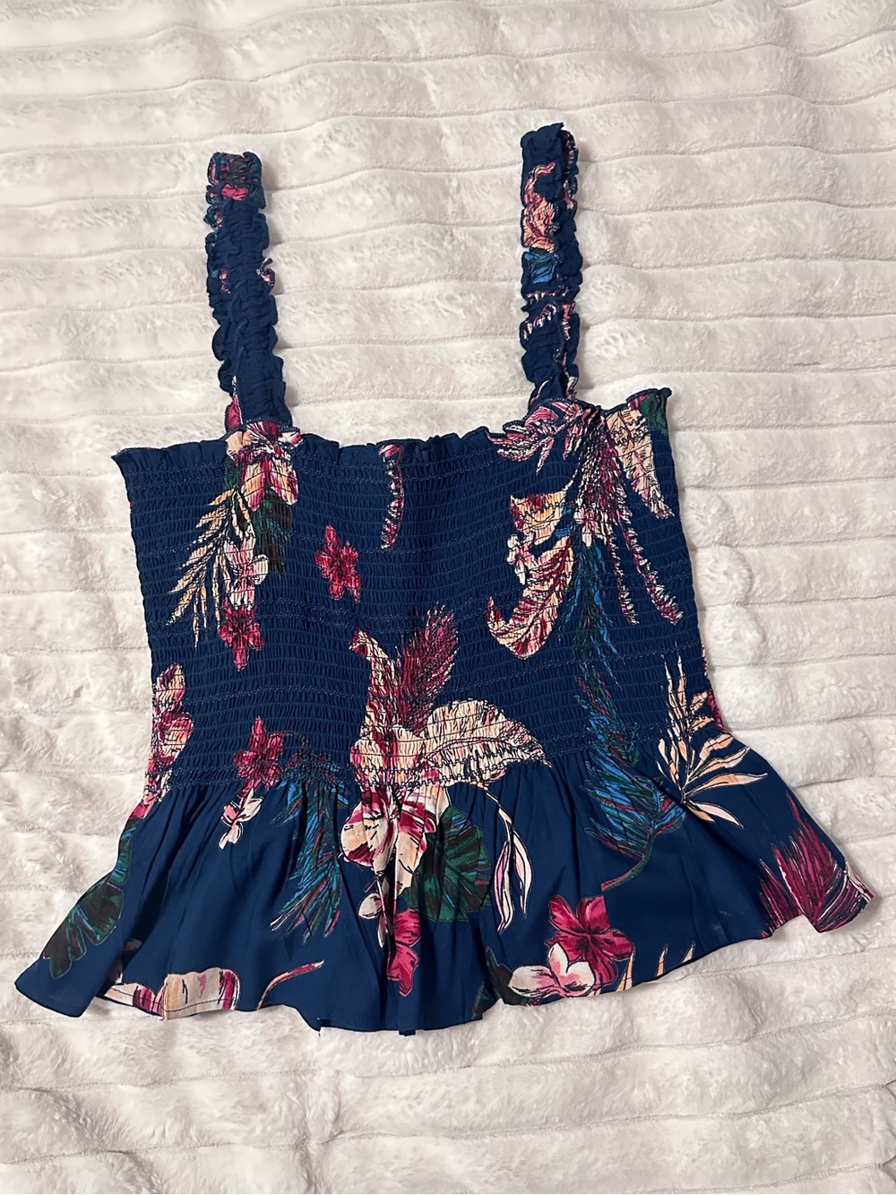 Patrons of Peace Navy Floral Smocked Ruffle-Strap Tank
